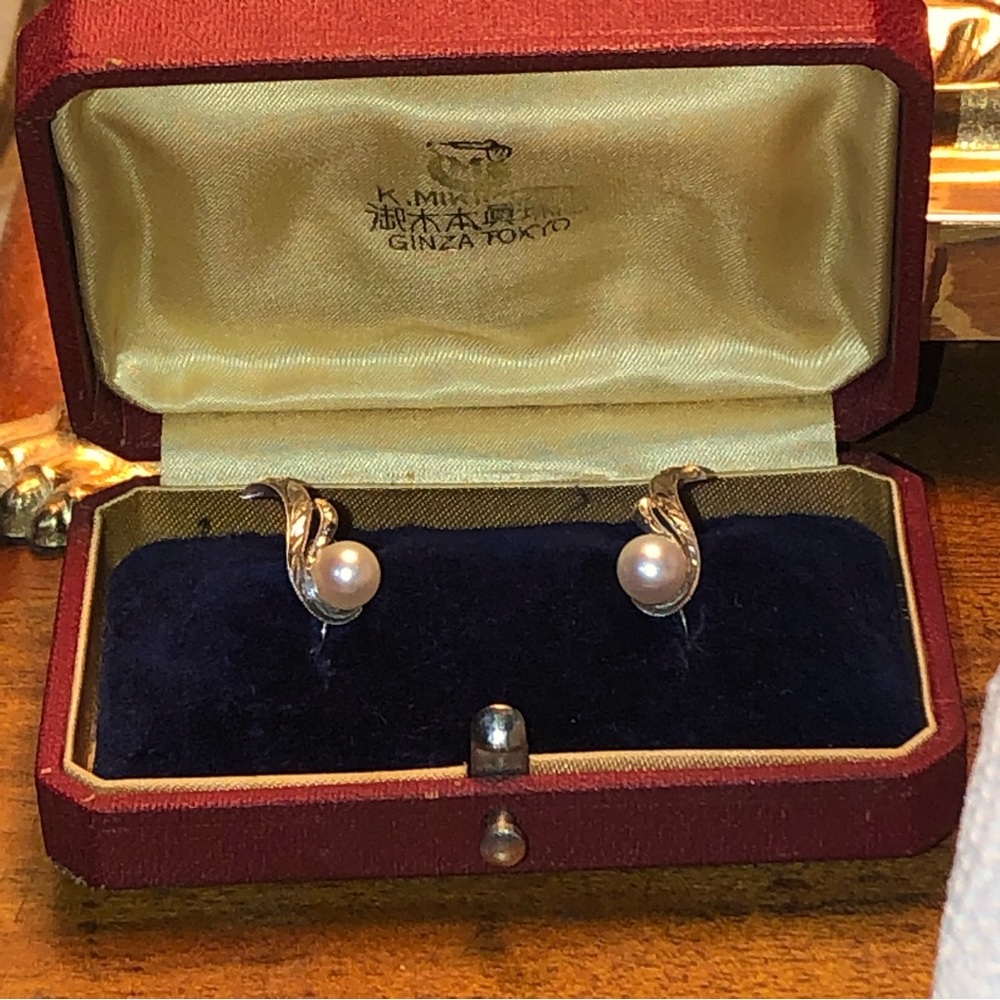 Mikimoto Pearl Sterling Silver Earrings Screw Back Sign Original Box Antique Vtg